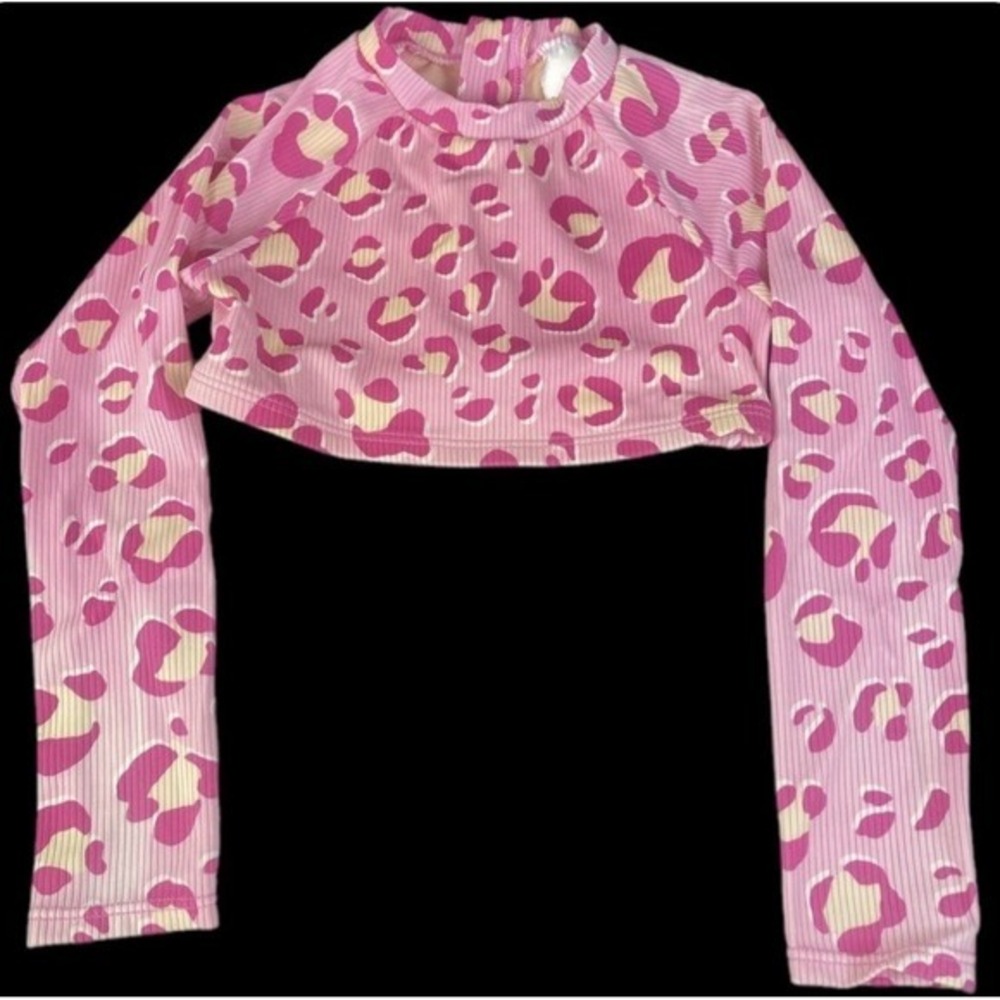 Cat & Jack Rash Guard Girls XS 4/5 Pink Leopard Print Long Sleeve Crop Swim Top‎